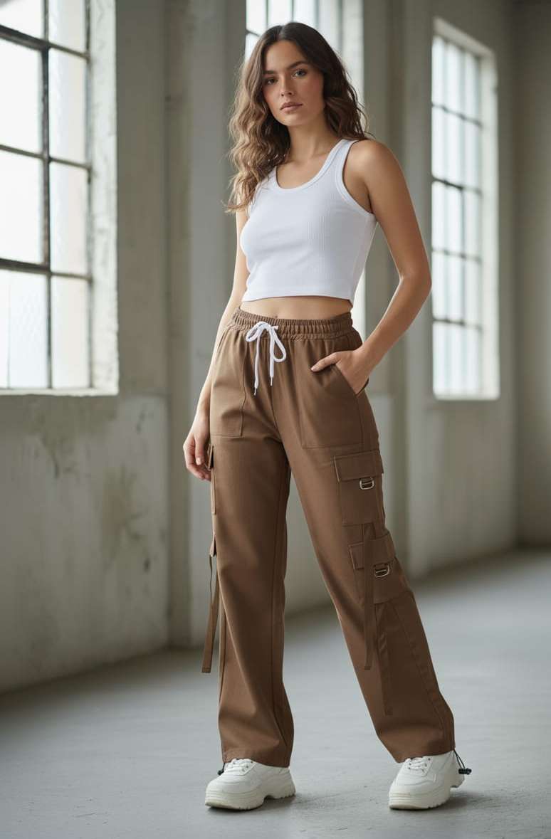 Women’s Solid Cargo Palazzo Pants | 4 Pocket Wide Leg Casual Trousers with Drawstring Waist