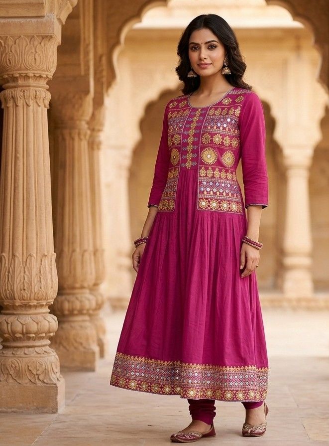 Girls’s Magenta Anarkali Kurti with Beautiful Traditional Embroidery